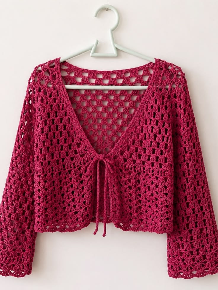 Tie-Front Crochet Cardigan Pattern: Cropped Lace Cardigan With Long Sleeves