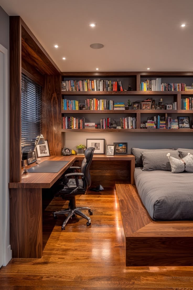 Home Office Guest Room Ideas With Built-In Desk, Library and Daybed